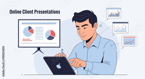 Man doing online client presentations with charts and graphs on screen