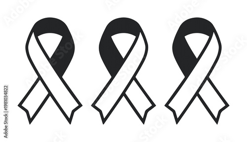 Black awareness ribbon icons for mourning and memorial, set of 3 funeral ribbons, minimalist grief and loss symbols for obituary design