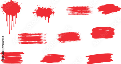 Collection of realistic red blood splatter and drip brush strokes isolated on white background