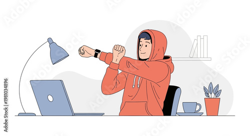 Man in hoodie stretching at desk with laptop, promoting healthy remote work habits