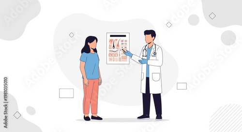 Doctor explaining skin health chart to patient, dermatology consultation, medical illustration