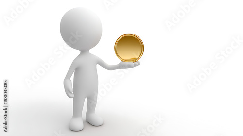 3D Render Little Human Figure Present Gold Coin in Palm, Offer Financial Riches, Concept of Investment, Success, Reward and Value