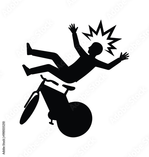 Bicycle accident silhouette icon, man falling off bike during crash, cyclist injury and road safety hazard vector, black and white warning sign
