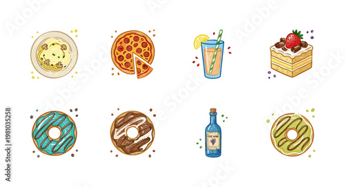 Food and Beverage Gourmet Selection including Pizza Pasta and Dessert with Colorful Crayony Pencil Texture and Organic Textures