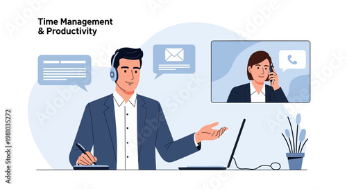 Man in Video Call, Time Management & Productivity Concept, Remote Work