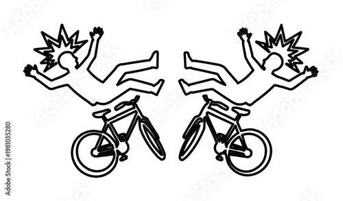 Bicycle accident line art vector, falling cyclist crash illustration, black and white bike collision icons for safety and insurance concepts