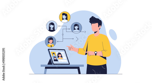 Man in video conference with remote team, online meeting and collaboration concept