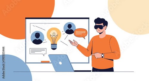 Man in VR headset presenting idea on screen with colleagues and lightbulb