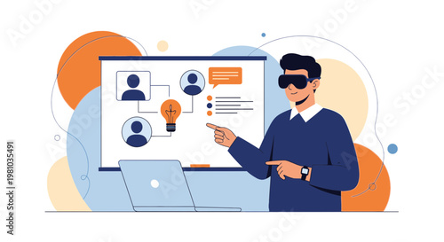 Man in VR headset presenting business strategy on whiteboard with laptop