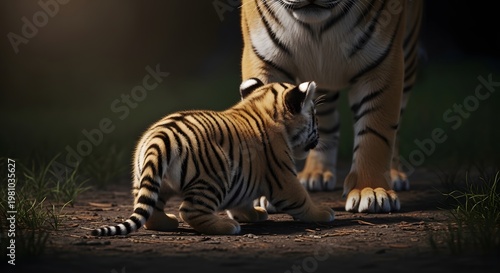 A young tiger cub gazes up at its protective parent, a heartwarming moment of early life in the wild