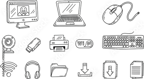 Sketchy computer components and peripherals collection a hand drawn style illustration of tech devices
