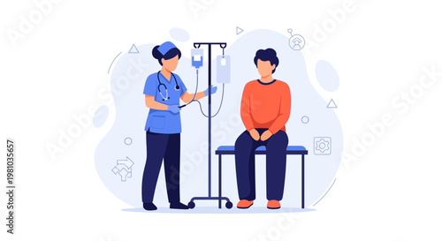 Nurse Administering IV Drip to Patient in Clinic - Medical Illustration