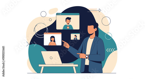 Man leading online meeting, pointing at screen with participants on video call