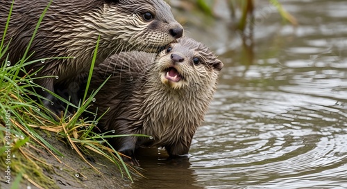 Adorable river otter mother and pup share a tender moment by the water's edge, showcasing natural wildlife bond