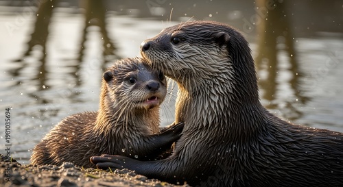 Affectionate River Otters A Mother's Gentle Grooming Moment with Her Young Pup in the Wild