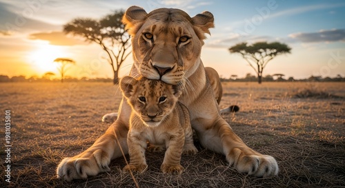 Majestic lioness protects her adorable cub, bathed in golden light on the African savanna at sunset