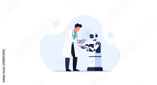 Doctor interacting with a robot, futuristic medical technology concept