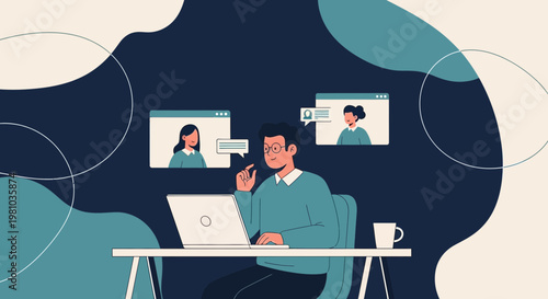 Man on Video Call with Colleagues, Remote Work and Online Communication Concept