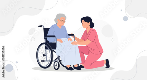 Nurse caring for elderly woman in wheelchair, home healthcare, compassion, support