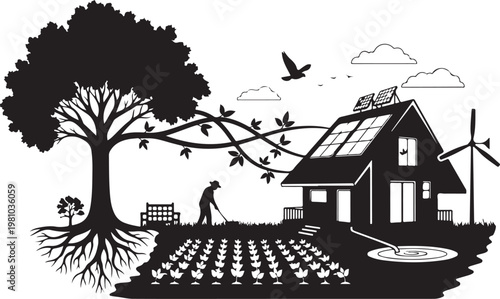 Black silhouette of house with solar panels and wind turbine near tree and garden