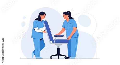 Two nurses in blue scrubs adjusting a medical examination chair in a clinic.
