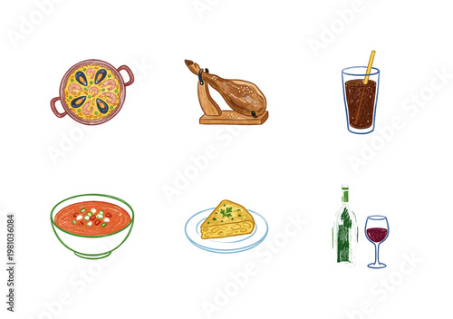 Spanish Cuisine and Traditional Tapas Food Elements with Colorful Crayony Pencil Texture and Fluid Colorful Aesthetic