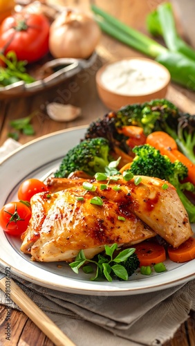A plate of grilled chicken and steamed vegetables on a wooden table