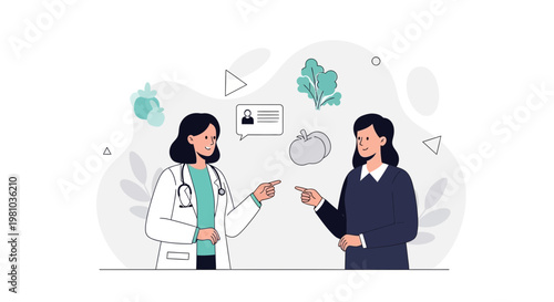 Doctor consulting patient about healthy diet with vegetables and fruits