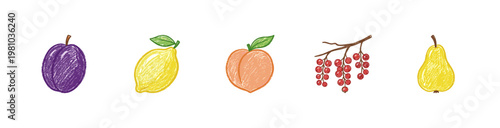 Garden Fruit and Berry Harvest Elements with Crayon Colorful Aesthetic and Rich Inky Brush Strokes