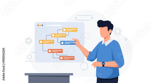 Man presenting flowchart on screen, business strategy, project management, planning concept