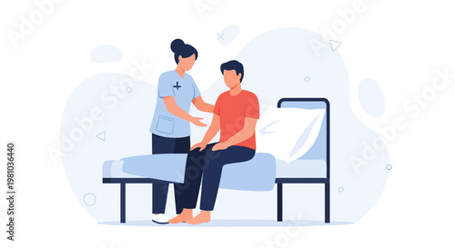 Nurse Helping Patient Sit Up in Hospital Bed - Medical Care Illustration