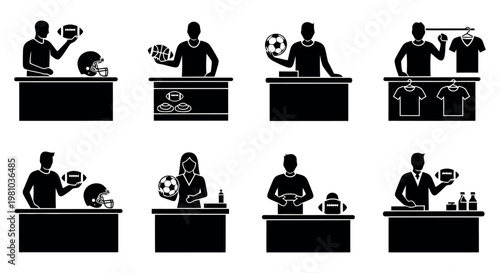 Black silhouettes of people selling sports equipment at counters on white background
