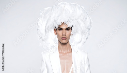 A person with dark hair and skin wears a white tailored suit and enormous feathery headdress posing against a white backdrop