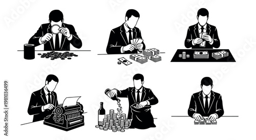 Illustration set of businessman handling money and working