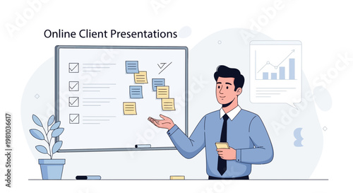 Man Presenting Online Client Meeting with Whiteboard and Growth Chart