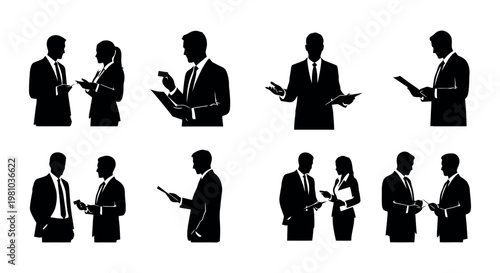 Silhouettes of business people in various poses with documents and devices