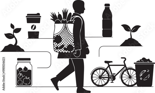 Black silhouette of person walking with bag and surrounded by eco friendly