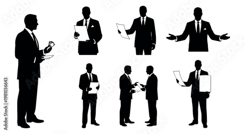 Silhouettes of businessmen in various poses with documents and gestures on white background