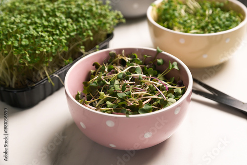 Different types of microgreens on white table, closeup