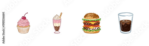 Gourmet Food and Beverage Assortment with Inky Pencil Texture and Crayon Colorful Aesthetic