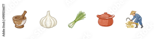 Thai Cuisine Cooking Ingredients and Kitchenware with Fluid Crayon Pencil Texture and Crayon Colorful Style