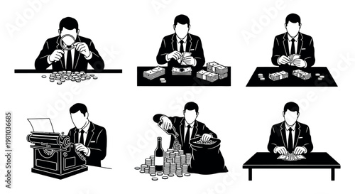 Illustration set of a man handling money and counting coins