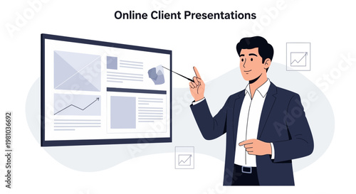 Man presenting online client presentation on a large screen, business concept
