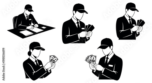 Vector illustrations of people in business attire handling money and paperwork