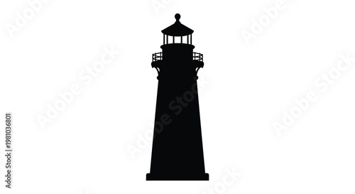 A striking black lighthouse stands tall against a white background silhouette