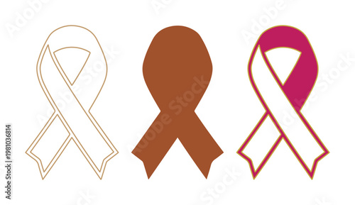 Awareness ribbon vector set, pink breast cancer and brown colon cancer ribbons, medical support symbols for healthcare campaigns and charity events