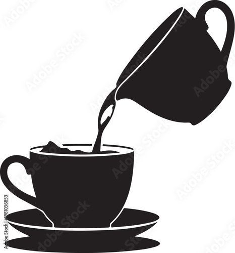 Black silhouette of teapot pouring into cup on saucer