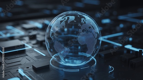 A futuristic blue globe with a digital map on a circuit board background with neon lights