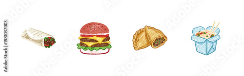 International Food and Fast Food Cuisine Favorites with Inky Brush Strokes and Crayon Colorful Aesthetic