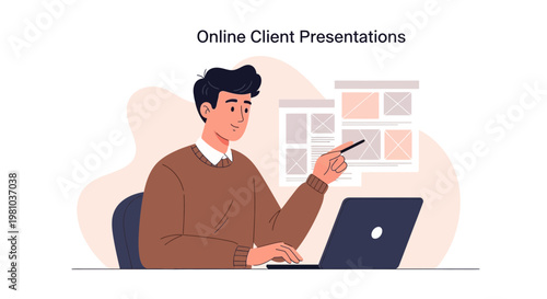 Man presenting online client presentations on laptop, remote work concept